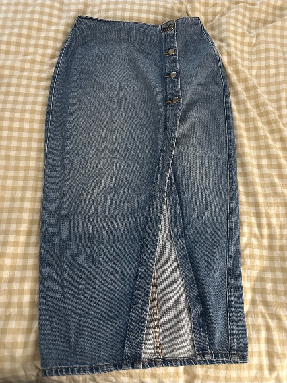 Zara Classic Blue Denim Midi Skirt with Front Button Wrap